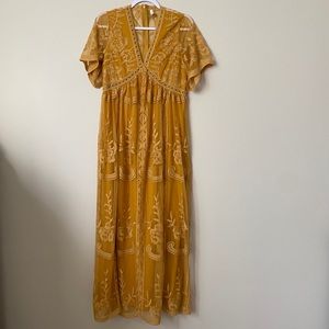 PinkBlush Mustard Lace Mesh Overlay Maxi Dress